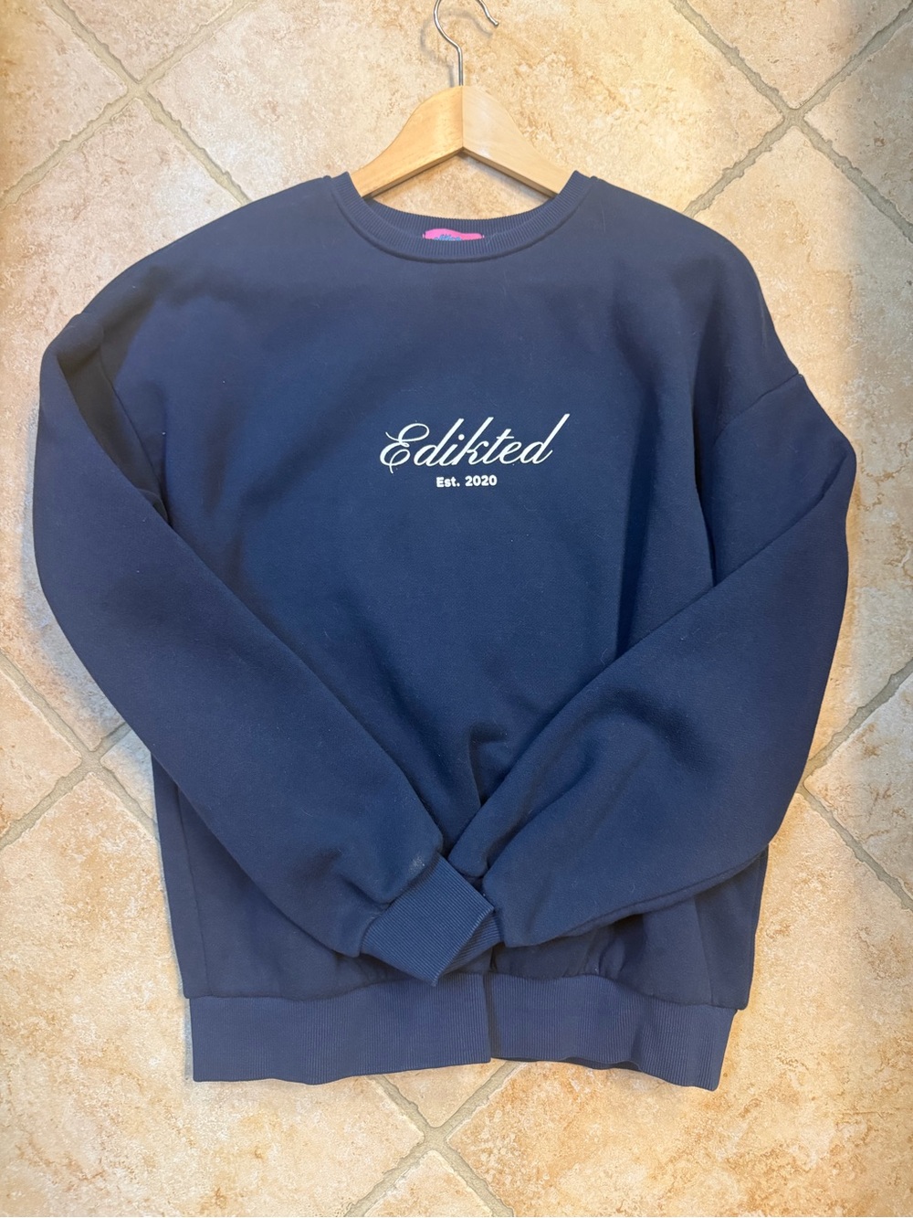 Edikted Navy Blue Crewneck Sweatshirt with White Script Logo